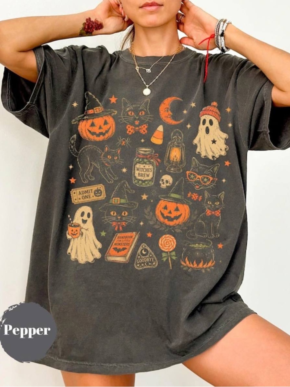 Comfort Colors Pepper Halloween Graphic Tee - Retro Pumpkin Cats Ghost Icons Tee